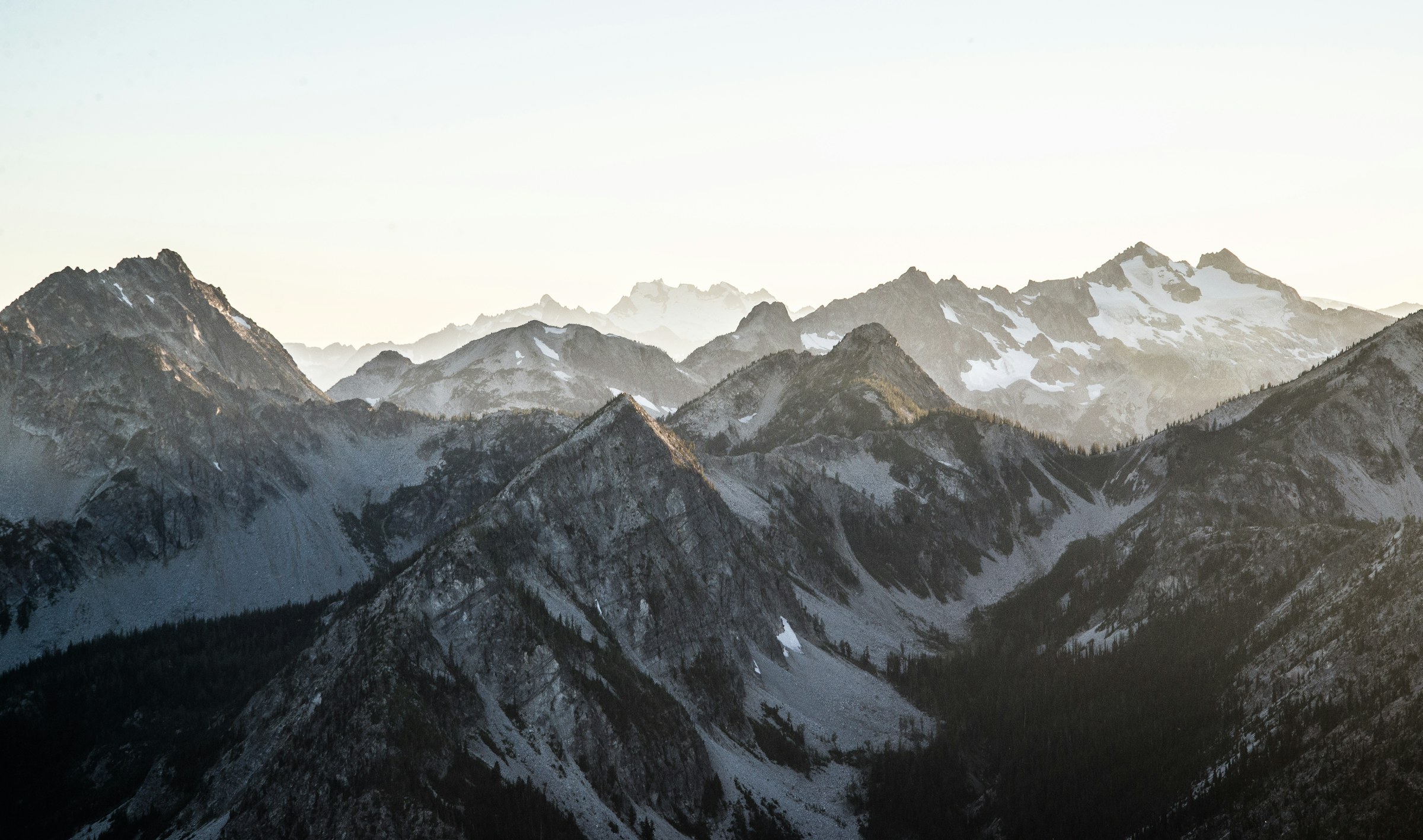 Dusk light over layered ridgelines of the North Cascades